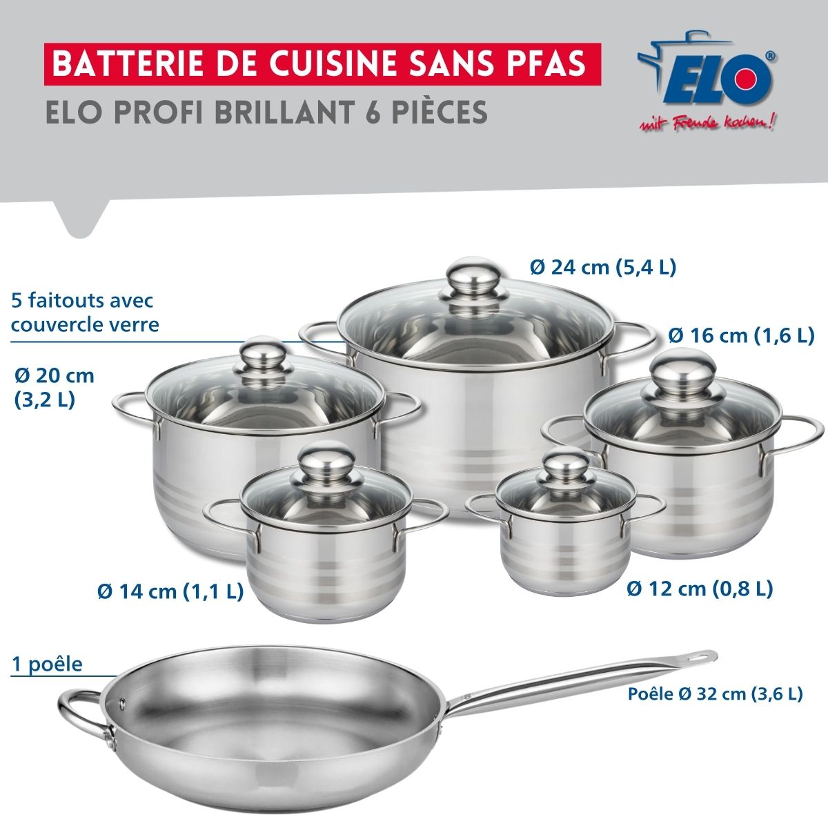 Ensemble de 1 Poêle de cuisson 32 cm et 5 faitouts 12, 14, 16, 20 et 24 cm  Profi Brillant Elo - Mathon - 2