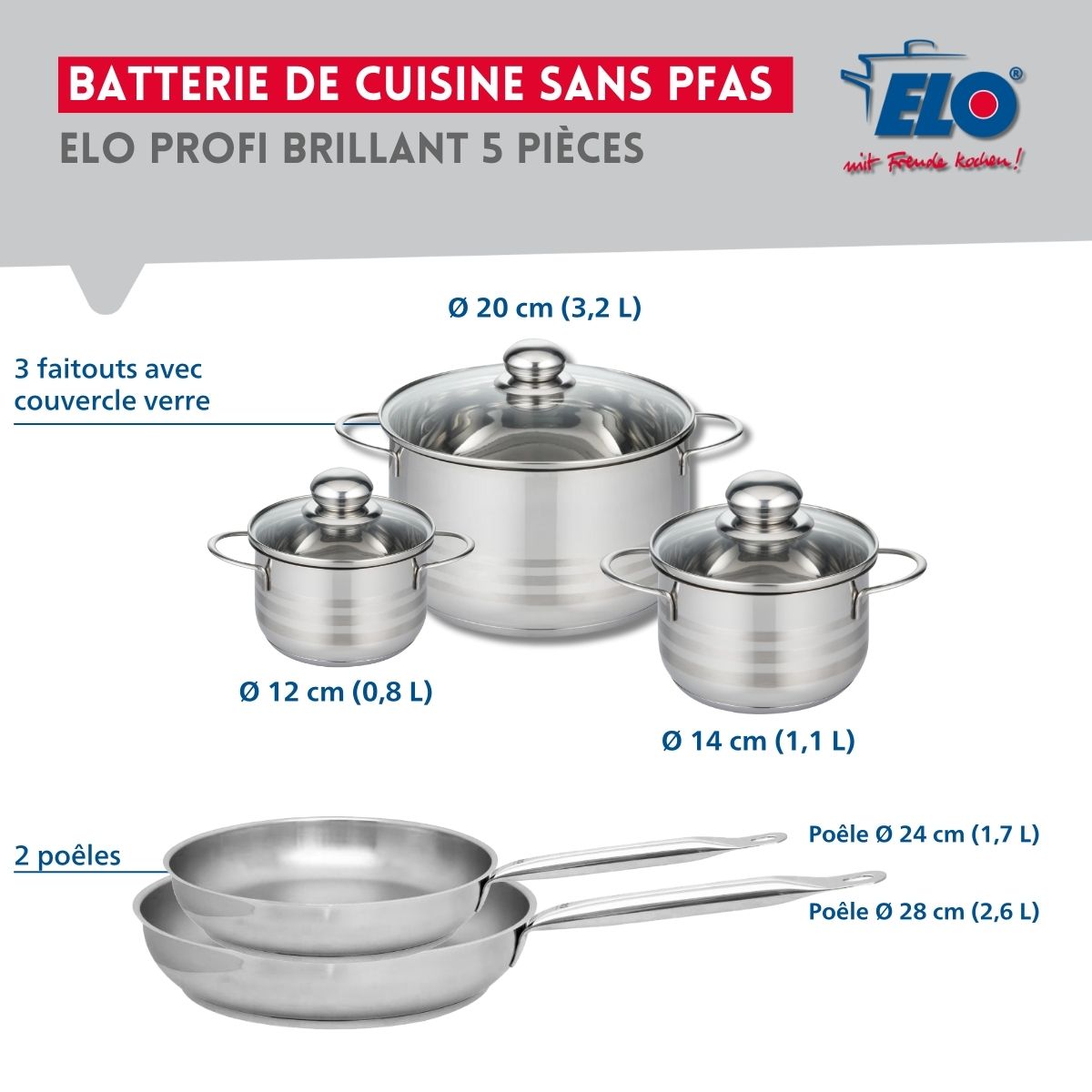 Ensemble de 2 Poêles de cuisson 24 et 28 cm et 3 faitouts 12, 14 et 20 cm  Profi Brillant Elo - Mathon - 2
