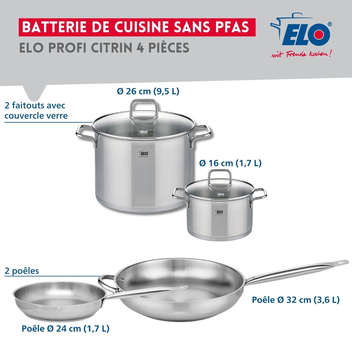 Ensemble de 2 Poêles de cuisson 24 et 32 cm et 2 faitouts 16 et 26 cm  Profi Citrin Elo - Mathon - 2