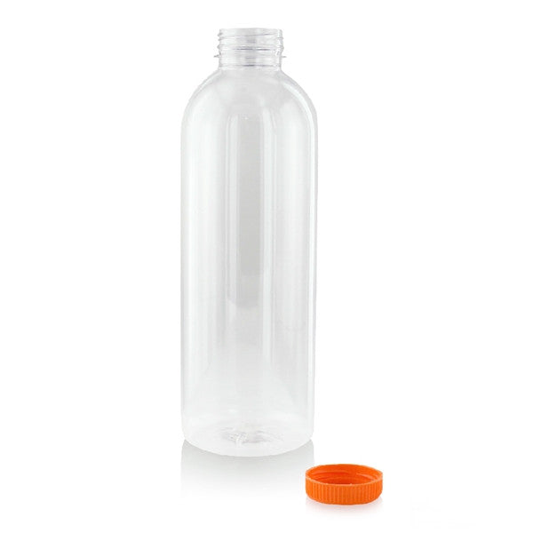74Pcs - Bouteille transparente en plastique RPET avec bouchon attaché orange   H240mm 1000ml FirstPack - Mathon - 1