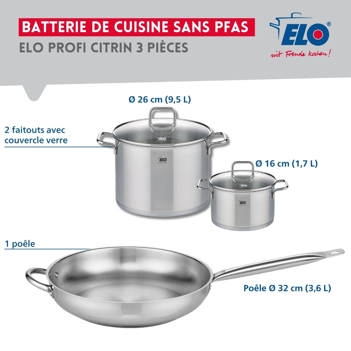 Ensemble de 1 Poêle de cuisson 32 cm et 2 faitouts 16 et 26 cm  Profi Citrin Elo - Mathon - 2