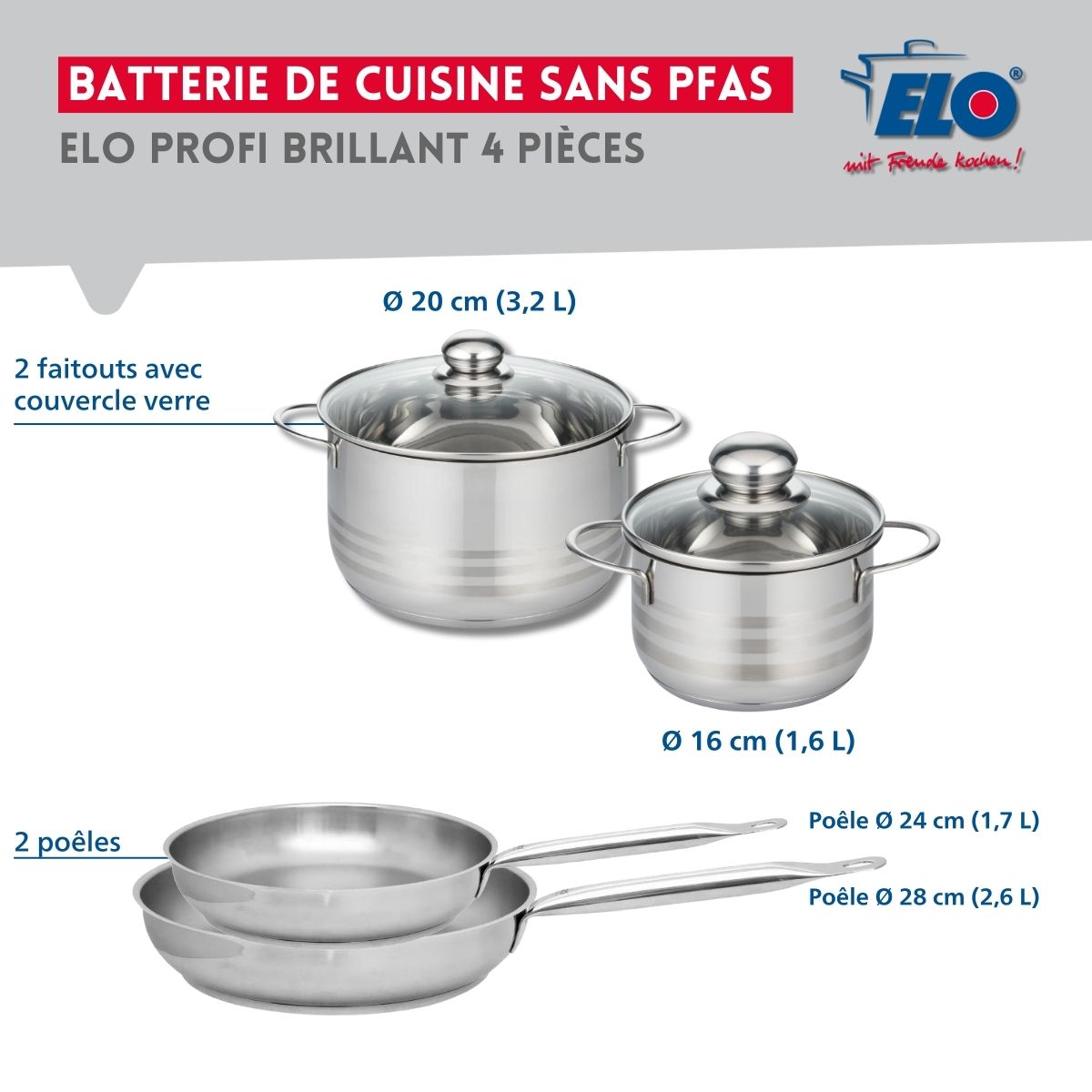 Ensemble de 2 Poêles de cuisson 24 et 28 cm et 2 faitouts 16 et 20 cm  Profi Brillant Elo - Mathon - 2