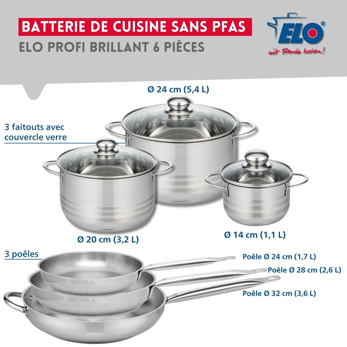Ensemble de 3 Poêles de cuisson 24, 28 et 32 cm et 3 faitouts 14, 20 et 24 cm  Profi Brillant Elo - Mathon - 2