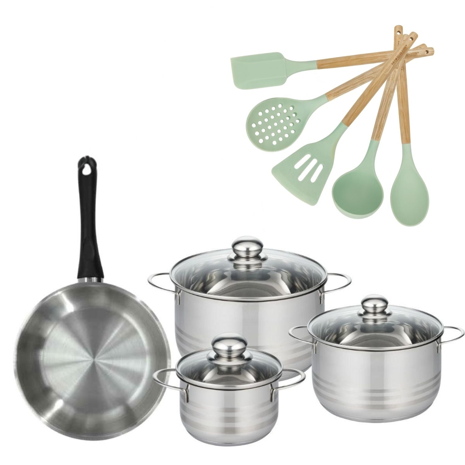 Lot Poêle 24cm et 3 Faitouts 16/20/24cm  Généva avec 5 ustensiles Fackelmann - Mathon - 1