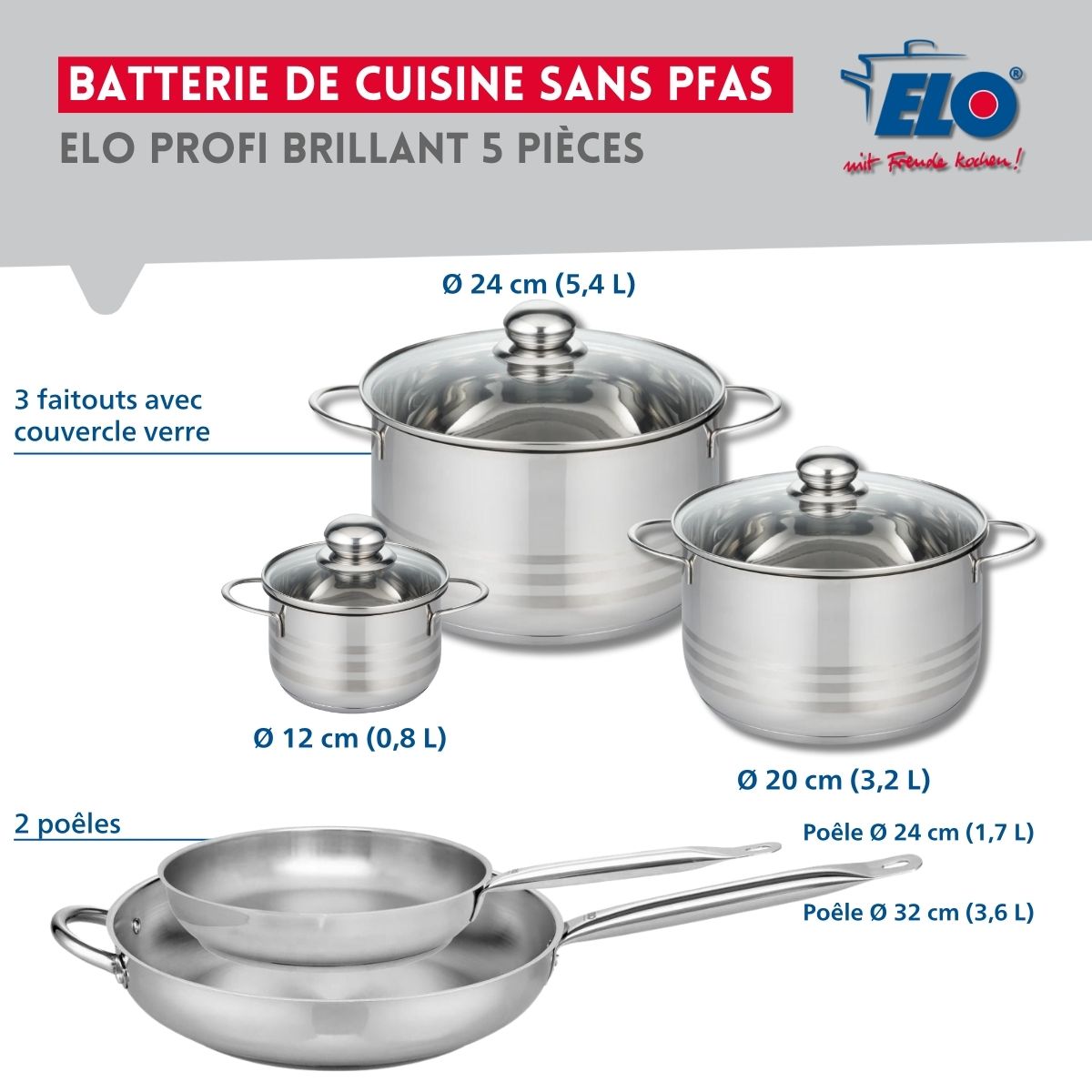 Ensemble de 2 Poêles de cuisson 24 et 32 cm et 3 faitouts 12, 20 et 24 cm  Profi Brillant Elo - Mathon - 2