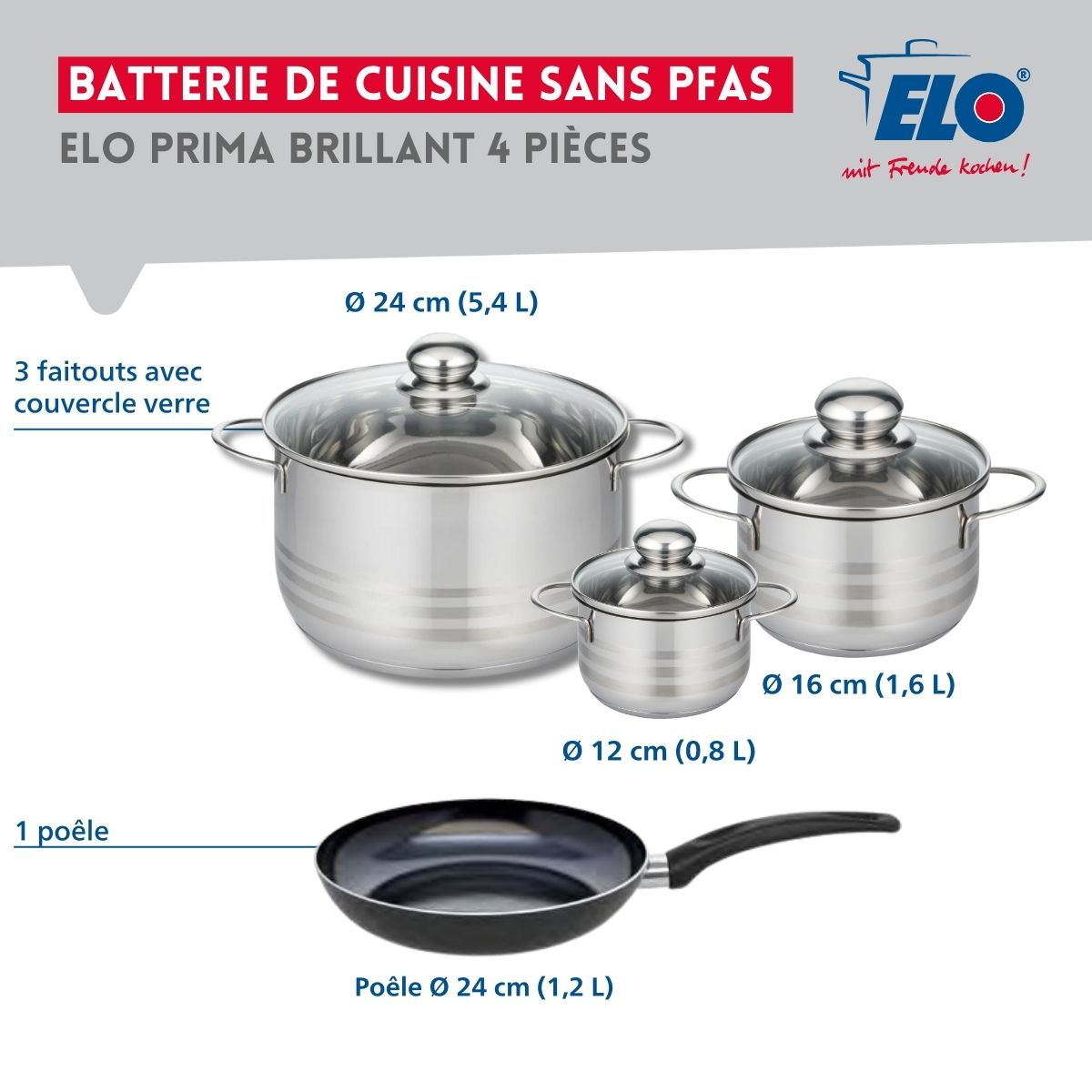 Ensemble de 1 Poêle de cuisson 24 cm et 3 faitouts 12, 16 et 24 cm  Prima Brillant Elo - Mathon - 2