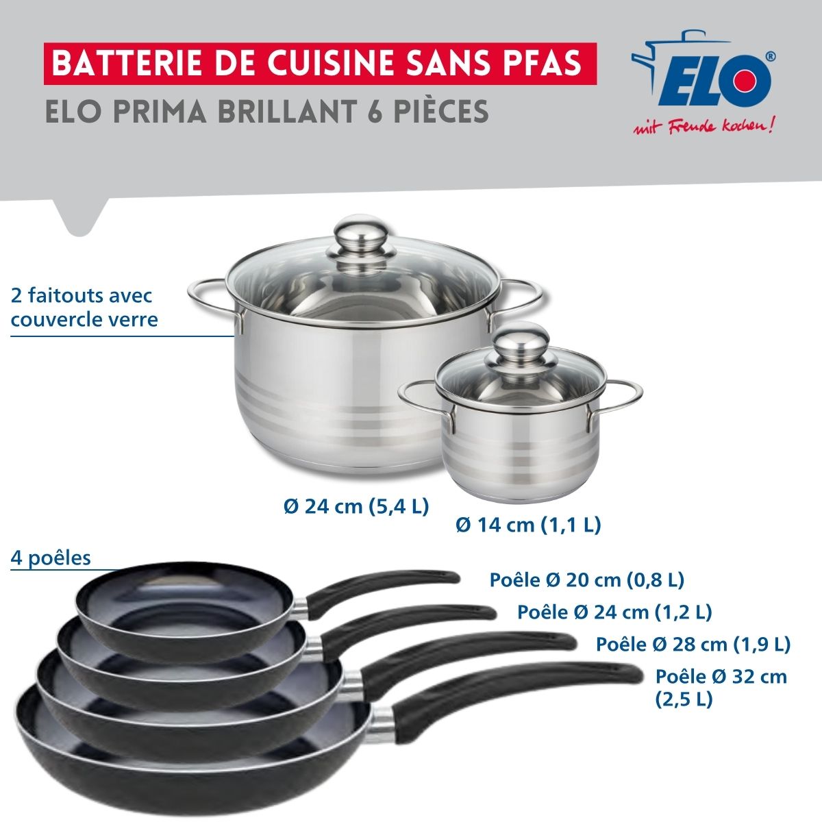 Ensemble de 4 Poêles de cuisson 20, 24, 28 et 32 cm et 2 faitouts 14 et 24 cm  Prima Brillant Elo - Mathon - 2
