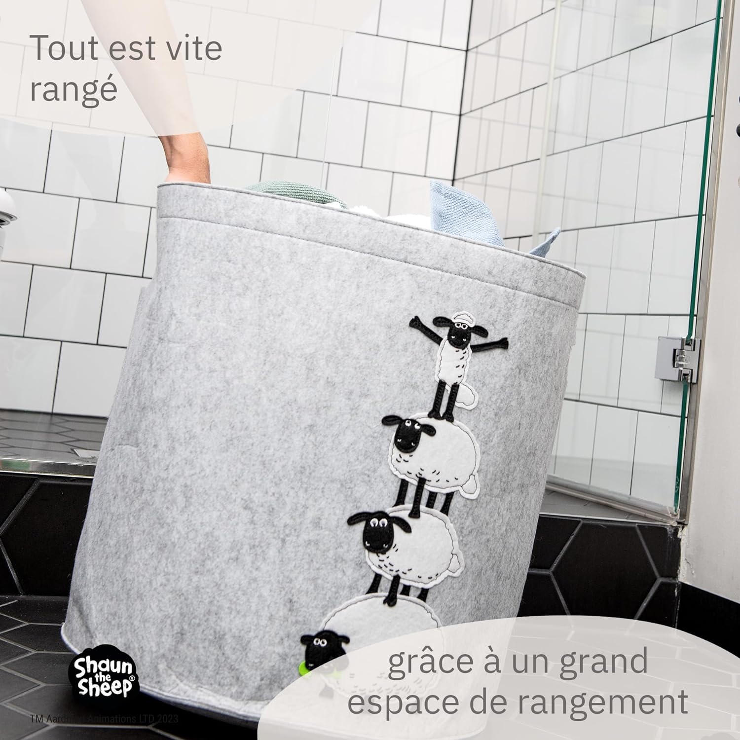 Panier à linge sale gris en feutre motif 4 moutons Lifeney Shaun le mouton Fackelmann - Mathon - 5
