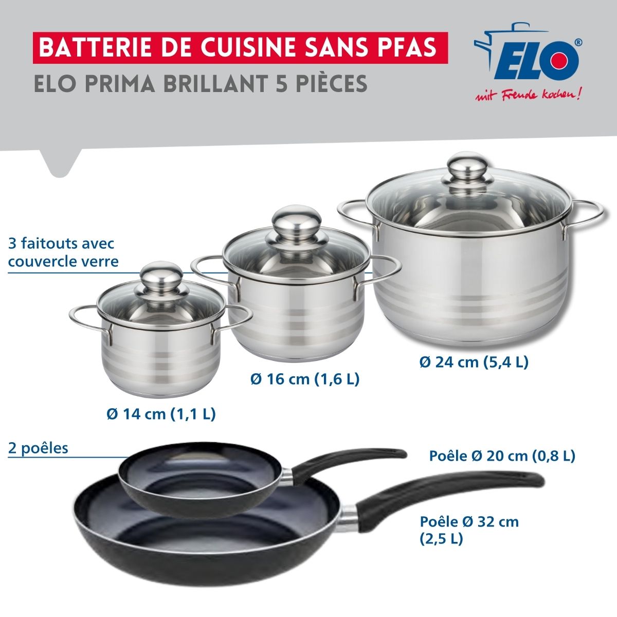 Ensemble de 2 Poêles de cuisson 20 et 32 cm et 3 faitouts 14, 16 et 24 cm  Prima Brillant Elo - Mathon - 2