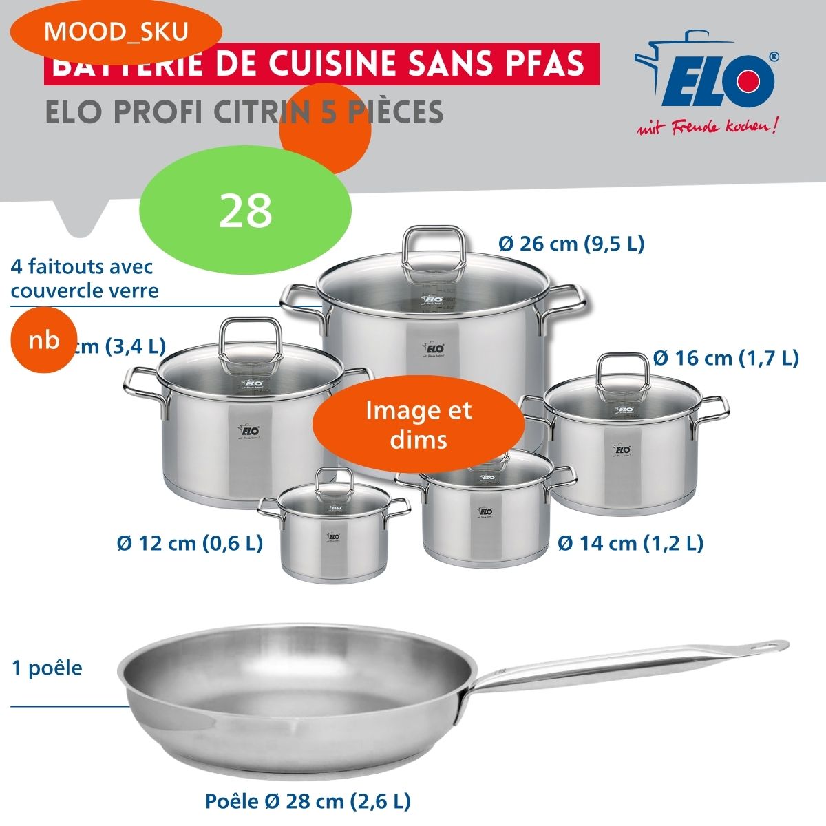 Ensemble de 1 Poêle de cuisson 28 cm et 4 faitouts 12, 14, 20 et 26 cm  Profi Citrin Elo - Mathon - 2