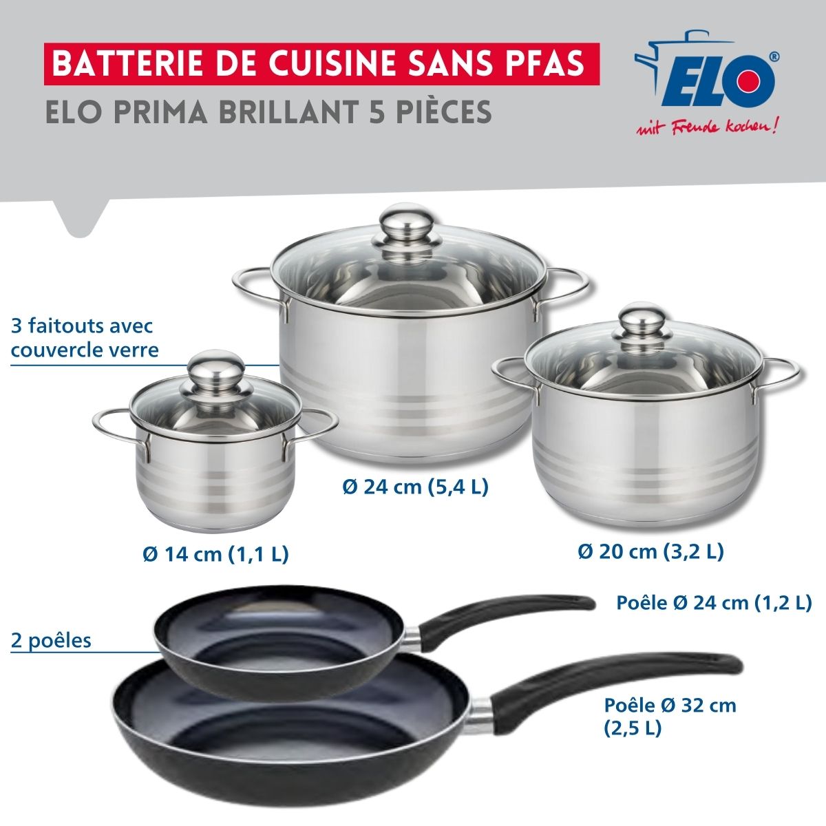 Ensemble de 2 Poêles de cuisson 24 et 32 cm et 3 faitouts 14, 20 et 24 cm  Prima Brillant Elo - Mathon - 2