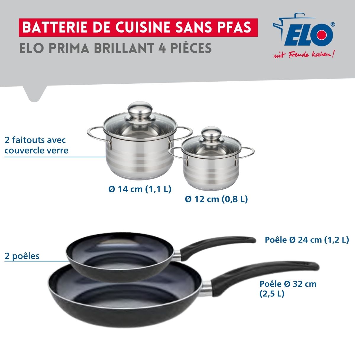Ensemble de 2 Poêles de cuisson 24 et 32 cm et 2 faitouts 12 et 14 cm  Prima Brillant Elo - Mathon - 2