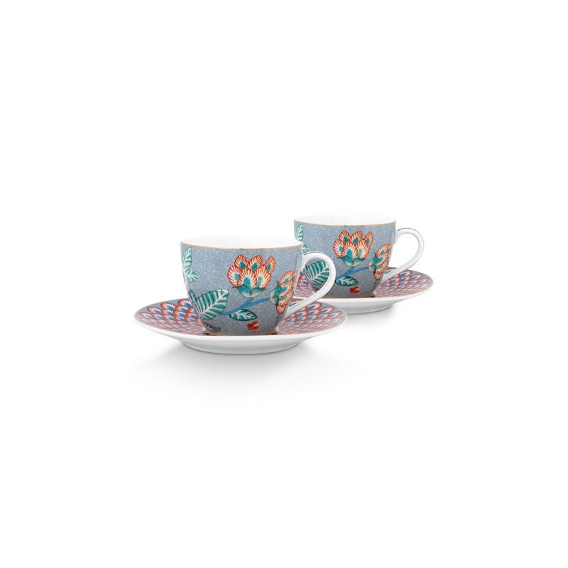 Coffret 2 Paire tasse café (2 tasses + 2 sous-tasses) Flower Festival Bleu clair 120ml Pip Studio - Mathon