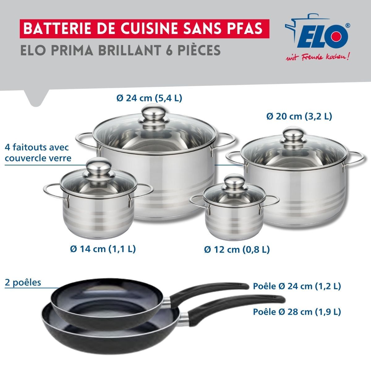 Ensemble de 2 Poêles de cuisson 24 et 28 cm et 4 faitouts 12, 14, 20 et 24 cm  Prima Brillant Elo - Mathon - 2
