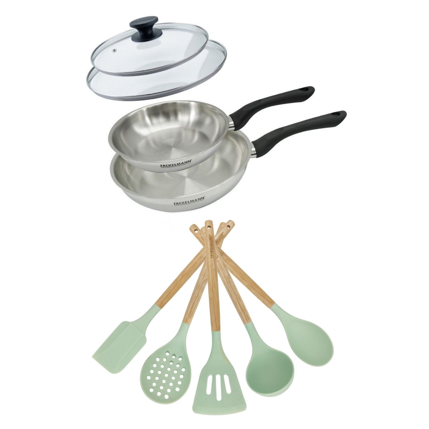 Lot Poêles inox 20/24 cm  Geneva avec couvercles et 5 ustensiles Fackelmann - Mathon - 1