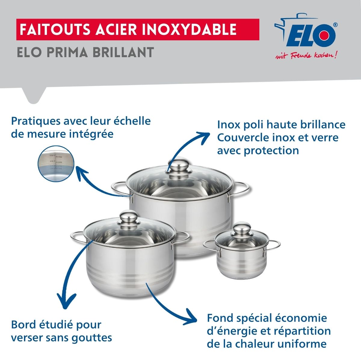 Ensemble de 1 Poêle de cuisson 28 cm et 3 faitouts 12, 20 et 24 cm  Prima Brillant Elo - Mathon - 3