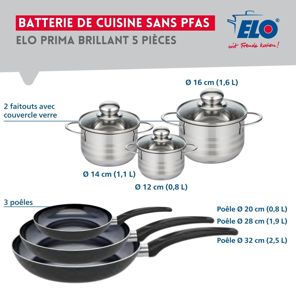 Ensemble de 3 Poêles de cuisson 20, 28 et 32 cm et 3 faitouts 12, 14 et 16 cm  Prima Brillant Elo - Mathon - 2
