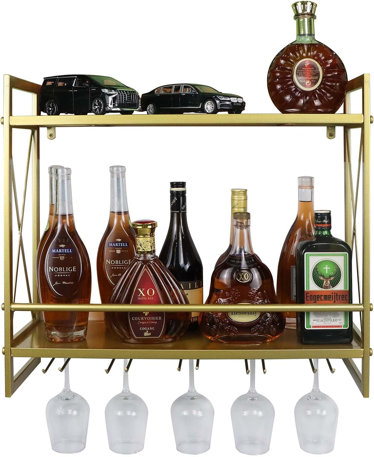 Porte-bouteilles mural doré 2 niveaux avec support verre Vendos85 - Mathon