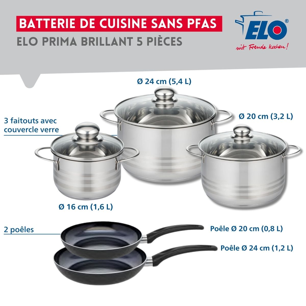 Ensemble de 2 Poêles de cuisson 20 et 24 cm et 3 faitouts 16, 20 et 24 cm  Prima Brillant Elo - Mathon - 2