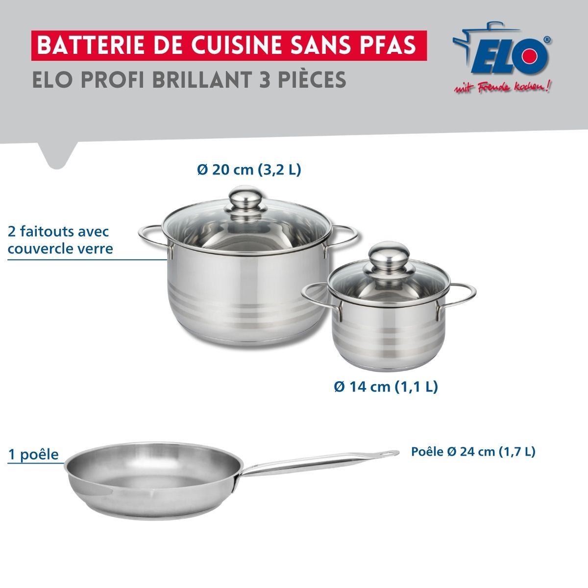 Ensemble de 1 Poêle de cuisson 24 cm et 2 faitouts 14 et 20 cm  Profi Brillant Elo - Mathon - 2