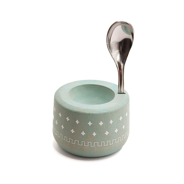 Coffret coquetier et cuillère Piou chevalier vert d’eau Roger Orfèvre - Mathon - 1