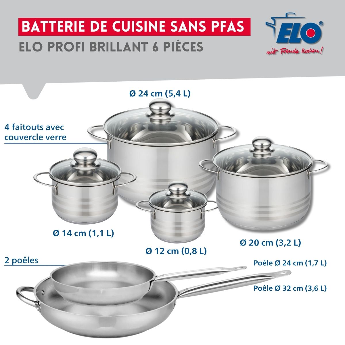 Ensemble de 2 Poêles de cuisson 24 et 32 cm et 4 faitouts 12, 14, 20 et 24 cm  Profi Brillant Elo - Mathon - 2
