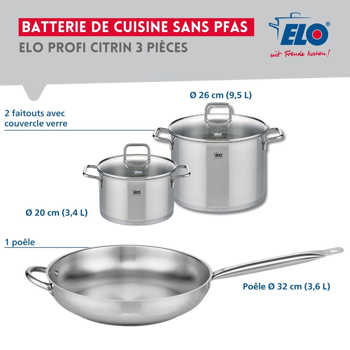 Ensemble de 1 Poêle de cuisson 32 cm et 2 faitouts 20 et 26 cm  Profi Citrin Elo - Mathon - 2