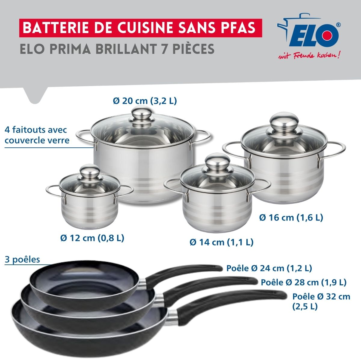 Ensemble de 3 Poêles de cuisson 24, 28 et 32 cm et 4 faitouts 12, 14, 16 et 20 cm  Prima Brillant Elo - Mathon - 2