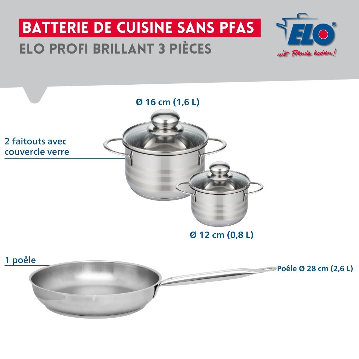Ensemble de 1 Poêle de cuisson 28 cm et 2 faitouts 12 et 16 cm  Profi Brillant Elo - Mathon - 2