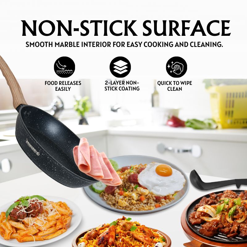 Batterie de cuisine 14 pièces avec revêtement en granit et manche en bois Noir Herzberg HGWDMRB14-BLK Herzberg - Mathon - 4