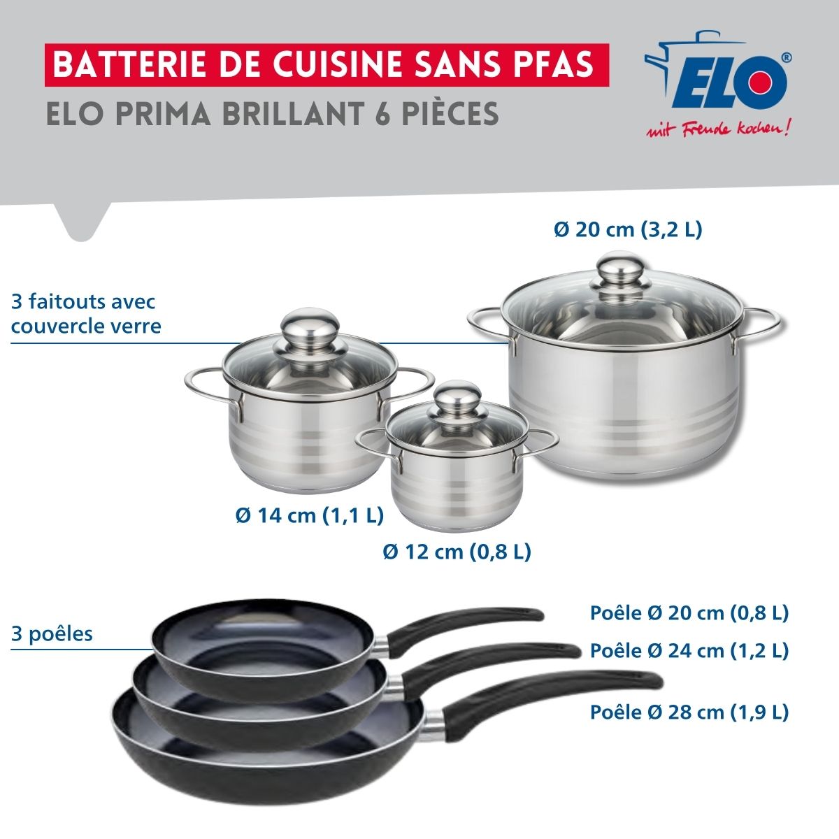 Ensemble de 3 Poêles de cuisson 20, 24 et 28 cm et 3 faitouts 12, 14 et 20 cm  Prima Brillant Elo - Mathon - 2
