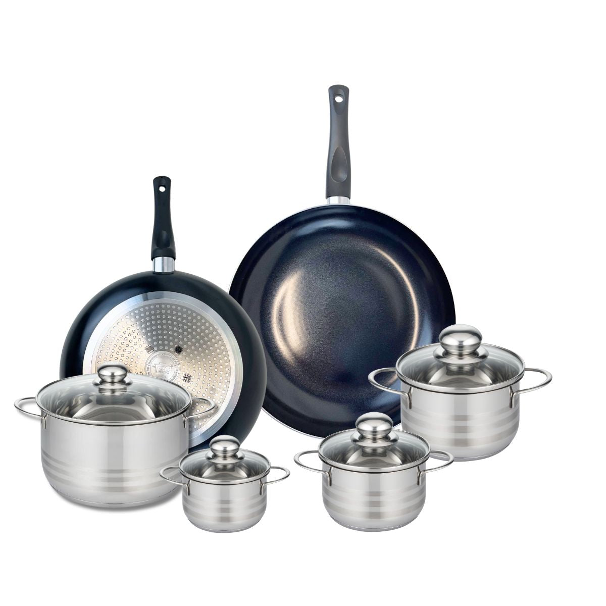 Ensemble de 2 Poêles de cuisson 28 et 32 cm et 4 faitouts 12, 14, 16 et 24 cm  Prima Brillant Elo - Mathon - 1