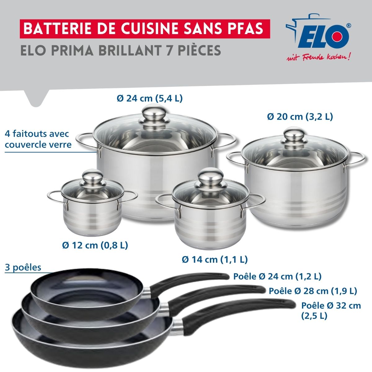 Ensemble de 3 Poêles de cuisson 24, 28 et 32 cm et 4 faitouts 12, 14, 20 et 24 cm  Prima Brillant Elo - Mathon - 2