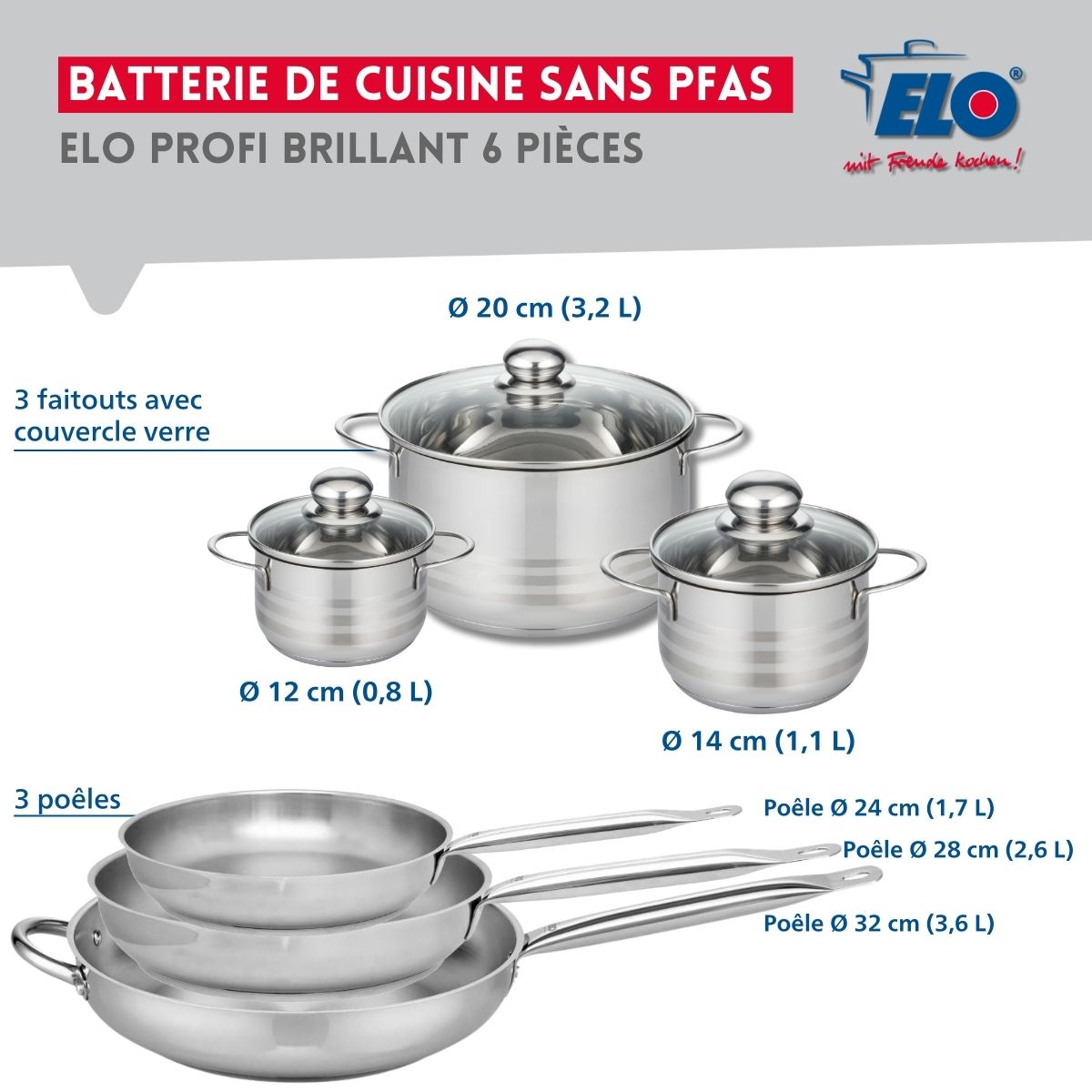 Ensemble de 3 Poêles de cuisson 24, 28 et 32 cm et 3 faitouts 12, 14 et 20 cm  Profi Brillant Elo - Mathon - 2