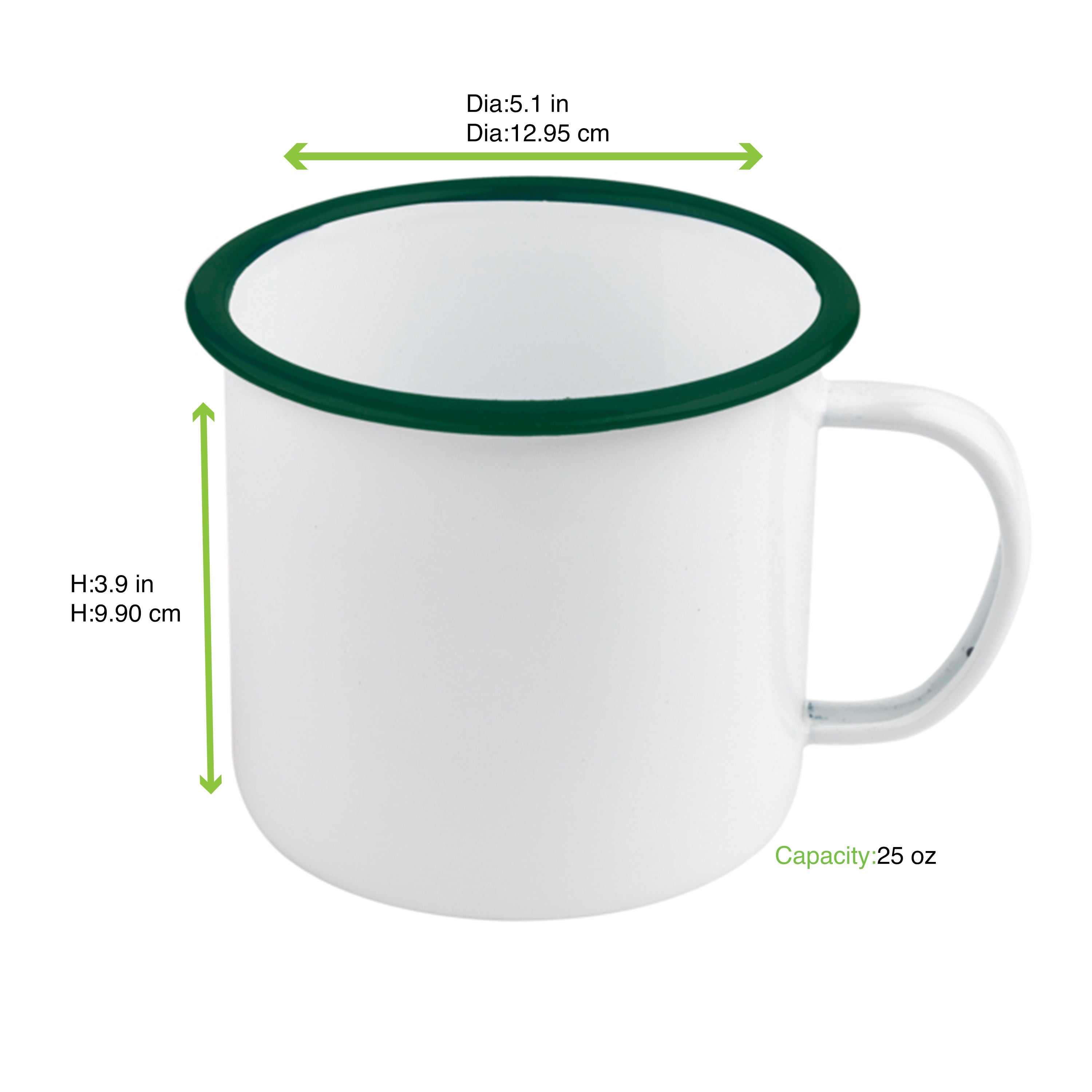 12Pcs - Mug Enamel blanc en acier émaillé à bord vert   H100mm 750ml FirstPack - Mathon - 2