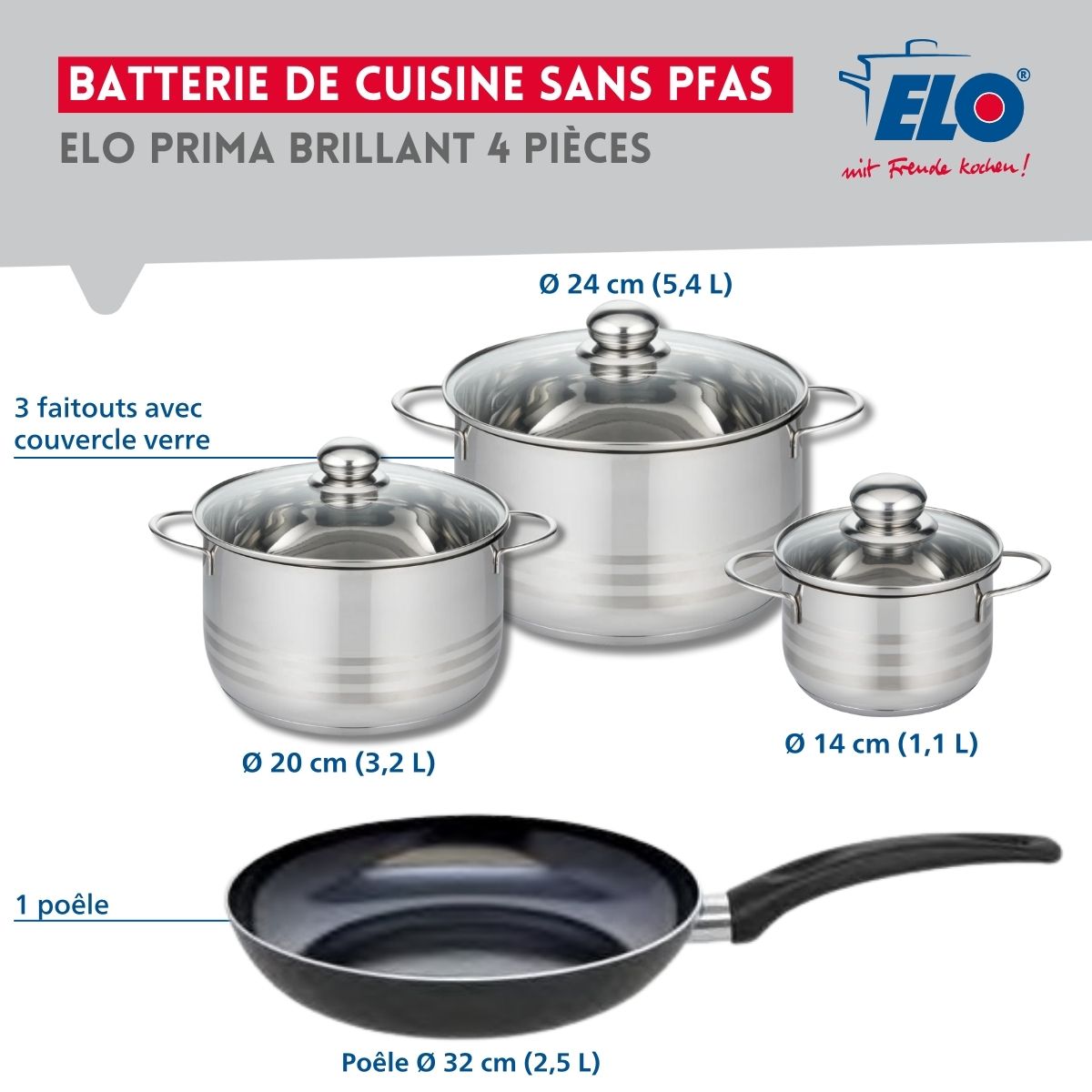 Ensemble de 1 Poêle de cuisson 32 cm et 3 faitouts 14, 20 et 24 cm  Prima Brillant Elo - Mathon - 2