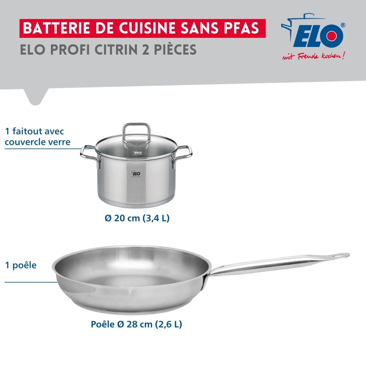Ensemble de 1 Poêle de cuisson 28 cm et 1 faitout 20 cm  Profi Citrin Elo - Mathon - 2