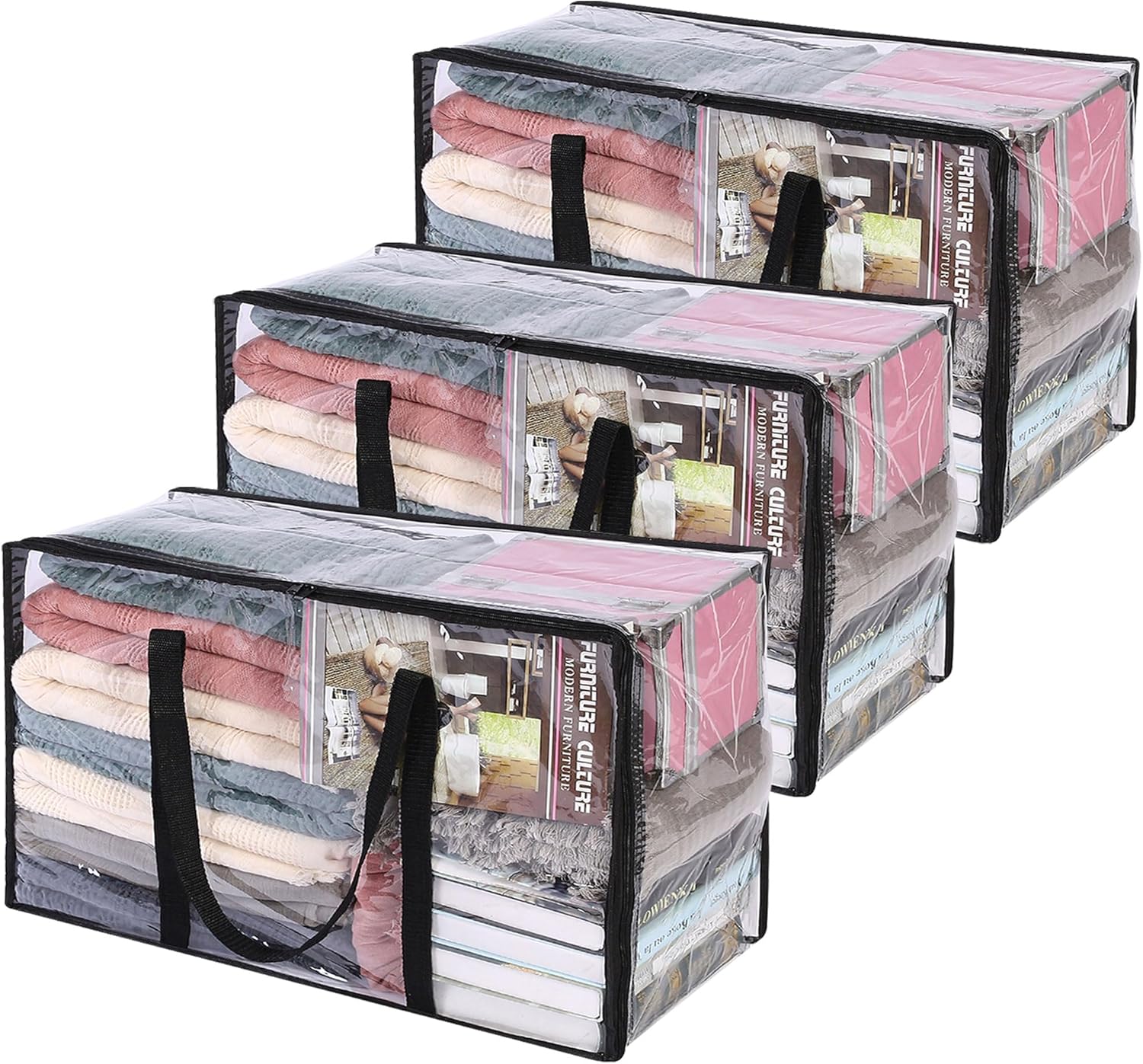 3 Sac de Rangement Transparent 60L avec Poignées et Zip Vendos85 - Mathon