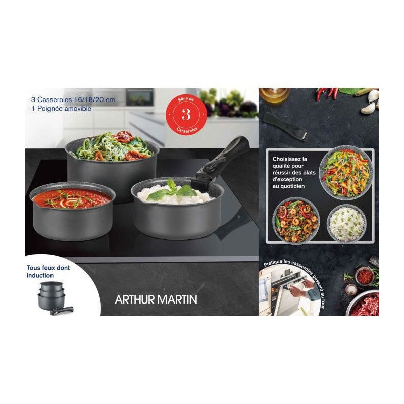 Batterie De Cuisine   Am777gm Set De 3 Casseroles - Gris Mat 16-18-20 Cm + 1 Poignée Amovible - Tous Feux Dont Indu Arthur Martin - Mathon - 4