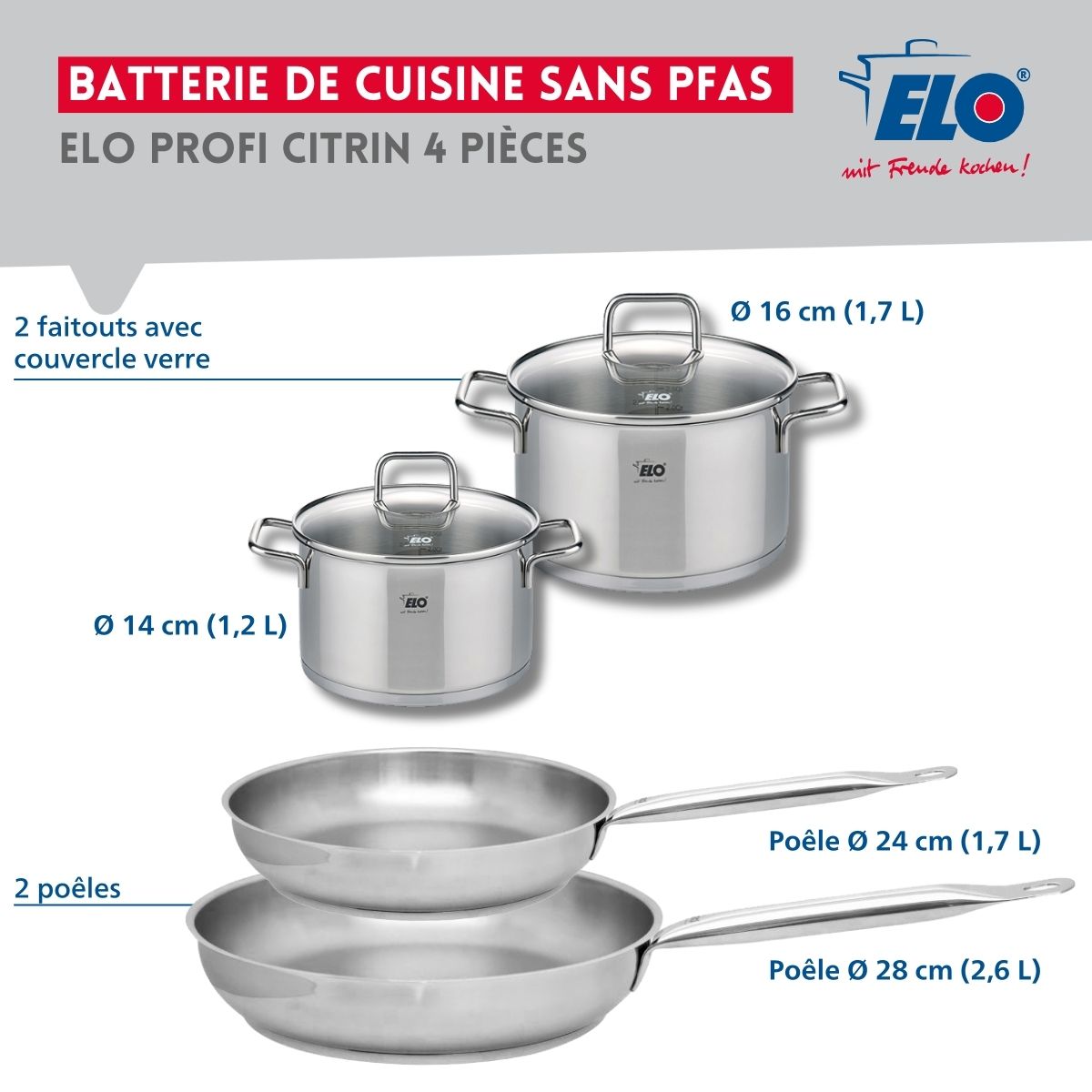 Set de 2 Poêles de cuisson 24 et 28 cm et 2 faitouts 14 et 16 cm  Profi Citrin Elo - Mathon - 2