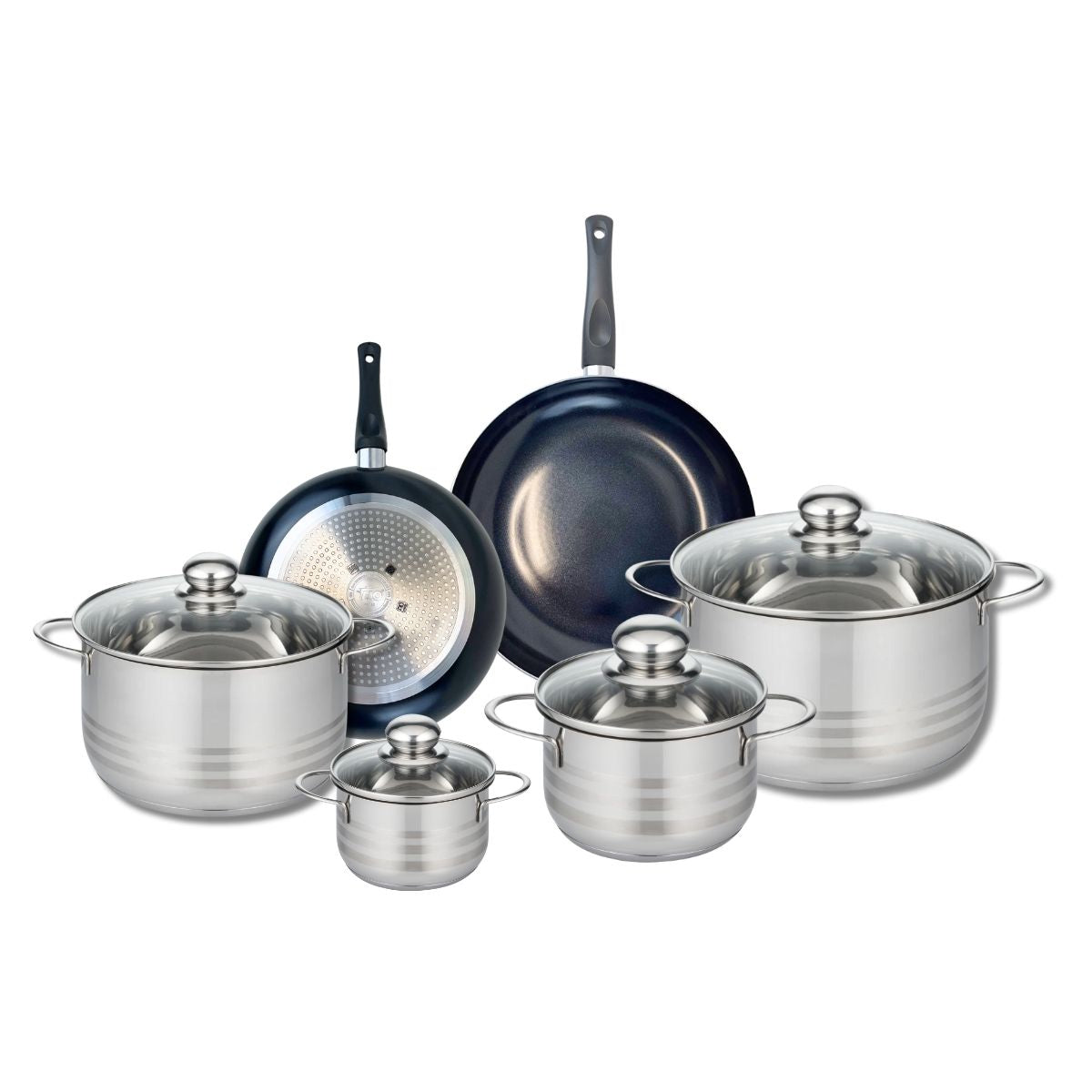 Ensemble de 2 Poêles de cuisson 20 et 24 cm et 4 faitouts 12, 16, 20 et 24 cm  Prima Brillant Elo - Mathon - 1