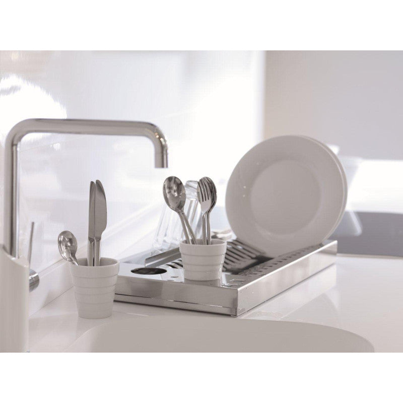 égouttoir à vaisselle design en acier inoxydable et 2 porte-couverts en porcelaine blanche. obi Don Hierro - Mathon - 2