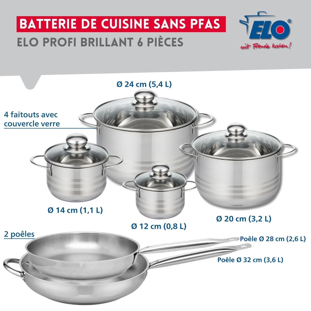 Ensemble de 2 Poêles de cuisson 28 et 32 cm et 4 faitouts 12, 14, 20 et 24 cm  Profi Brillant Elo - Mathon - 2