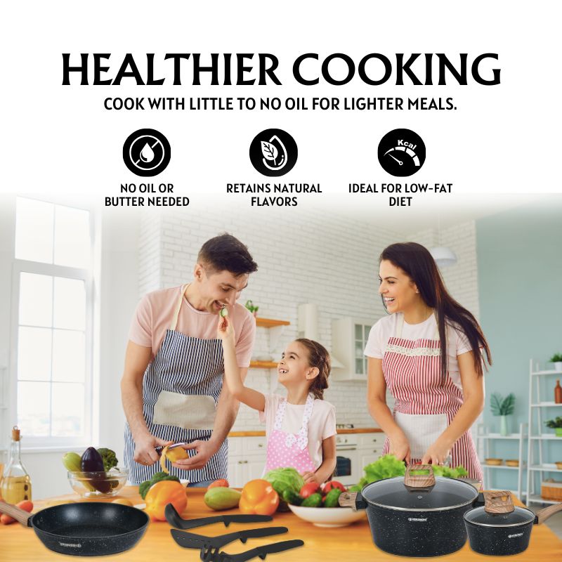 Batterie de cuisine 14 pièces avec revêtement en granit et manche en bois Noir Herzberg HGWDMRB14-BLK Herzberg - Mathon - 5