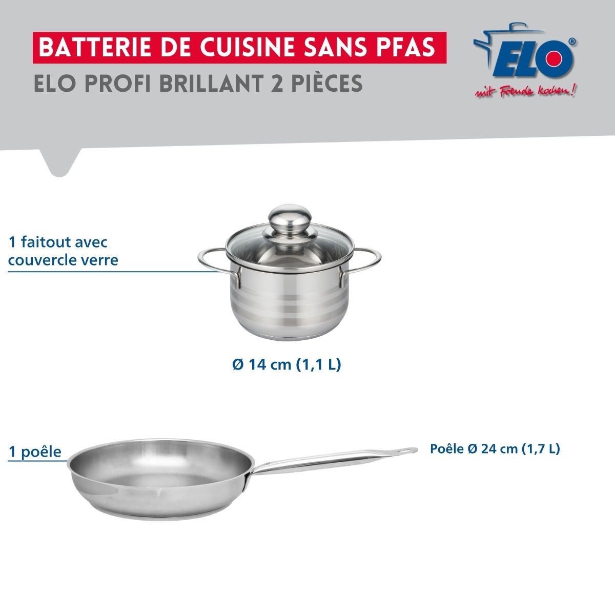 Ensemble de 1 Poêle de cuisson 24 cm et 1 faitout 14 cm  Profi Brillant Elo - Mathon - 2