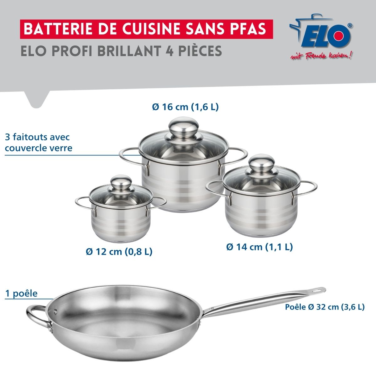Ensemble de 1 Poêle de cuisson 32 cm et 3 faitouts 12, 14 et 16 cm  Profi Brillant Elo - Mathon - 2