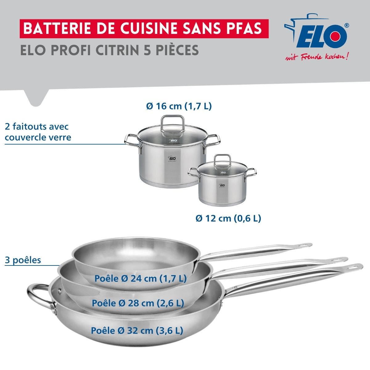 Ensemble de 3 Poêles de cuisson 24, 28 et 32 cm et 2 faitouts 12 et 16 cm  Profi Citrin Elo - Mathon - 2
