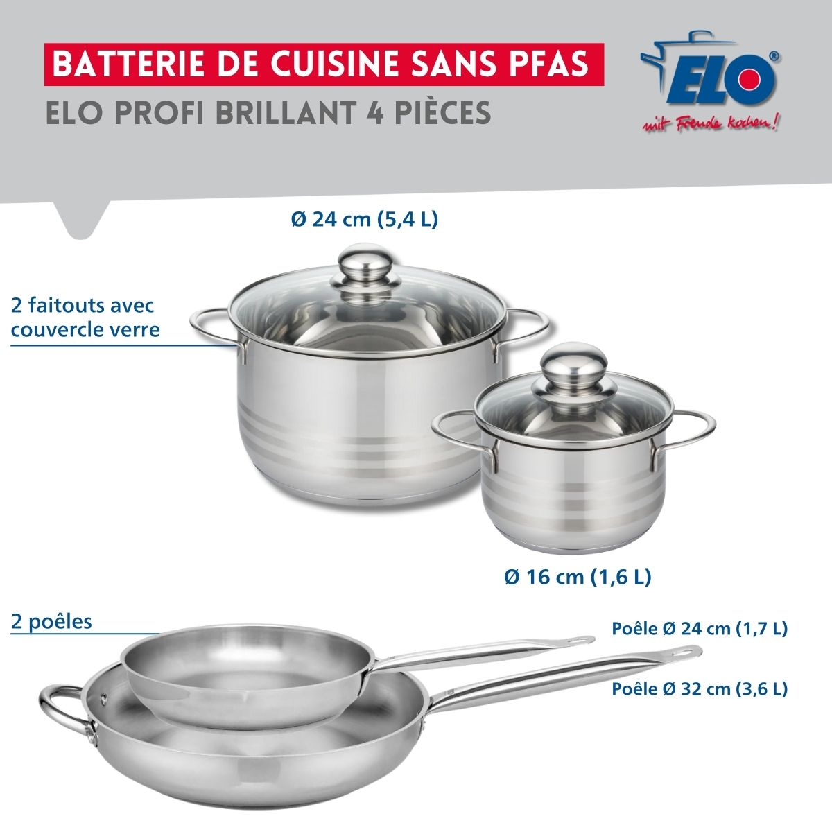 Ensemble de 2 Poêles de cuisson 24 et 32 cm et 2 faitouts 16 et 24 cm  Profi Brillant Elo - Mathon - 2