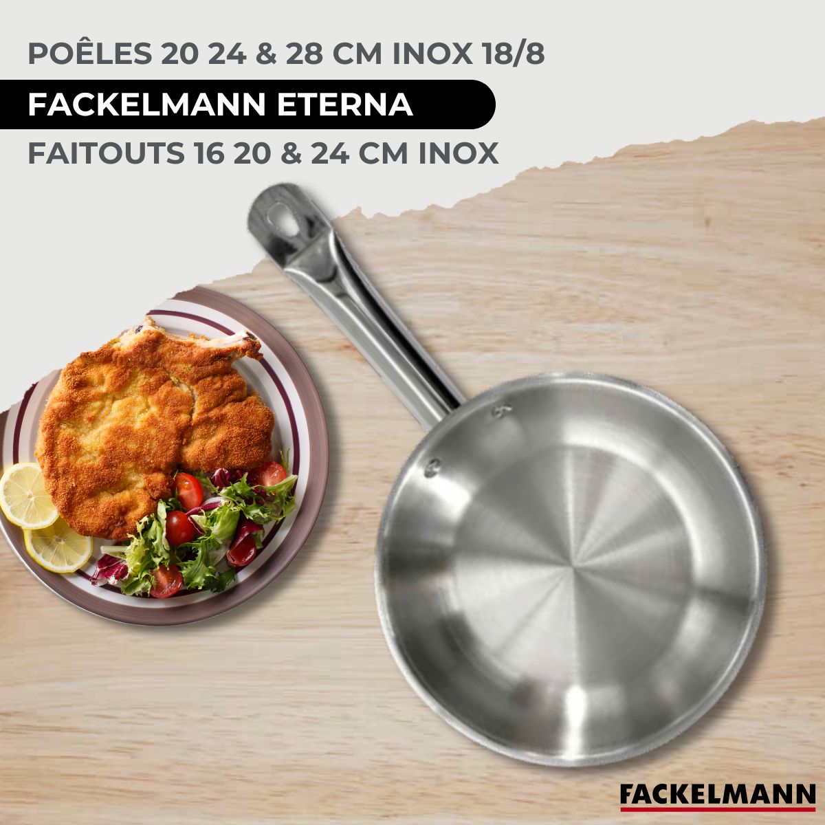 Set 3 poêles 20 24 28 cm en inox, 3 faitouts inox 16, 20 et 24 cm et 6 ustensiles RPET  Eterna Fackelmann - Mathon - 2