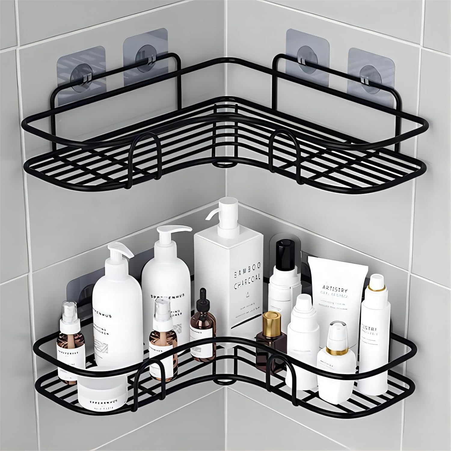 Lot de 2 étagères de douche autocollantes sans perçage noir Vendos85 - Mathon